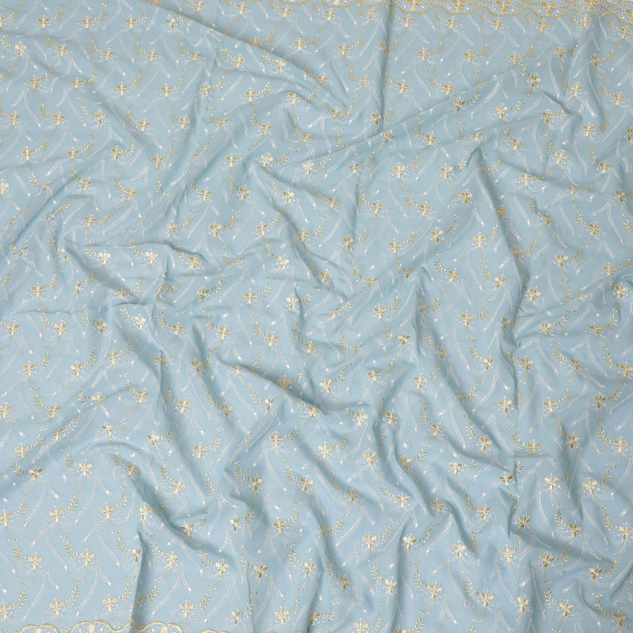 قماش الفوال القطني السويسري الفاخر 100% (الثوب السوداني) باللون الأزرق الفاتح مع تطريز ذهبي وفضي بتصميم زهور-D13520