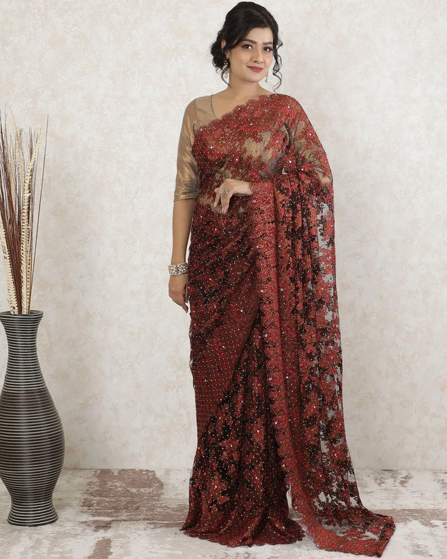 Mocha brown, brick red, copper metallic  Premium pure French chantilly saree lace having stone work in floral design-D13513 Regal Fabrics
