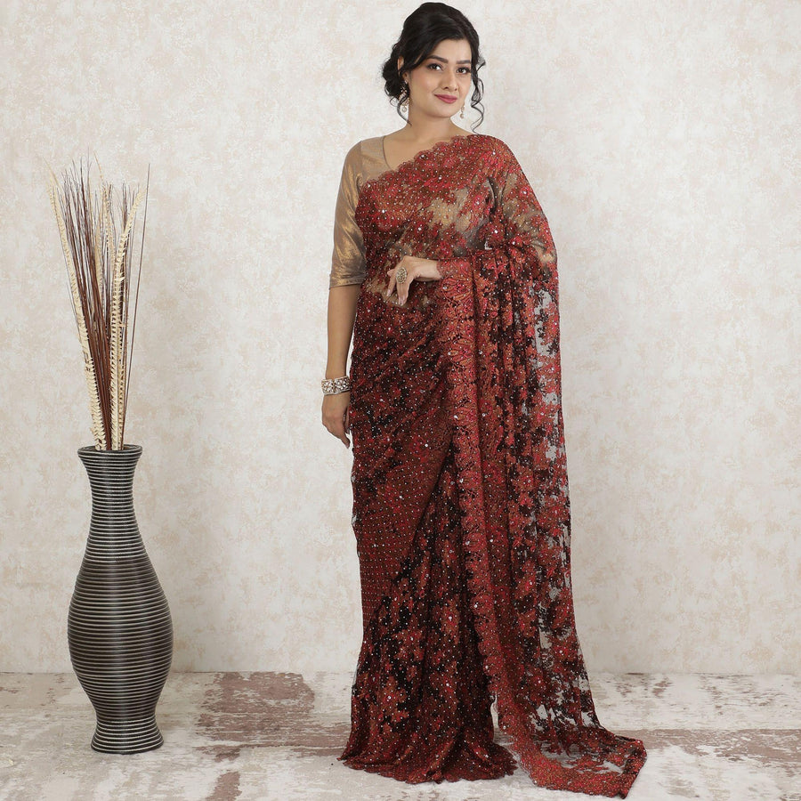 Mocha brown, brick red, copper metallic  Premium pure French chantilly saree lace having stone work in floral design-D13513