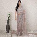 Pastel pink, copper, silver Premium Pure French metallic chantilly lace saree having stone work in floral design-D14480