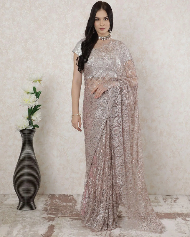 Pastel pink, copper, silver Premium Pure French metallic chantilly lace saree having stone work in floral design-D14480 Regal Fabrics