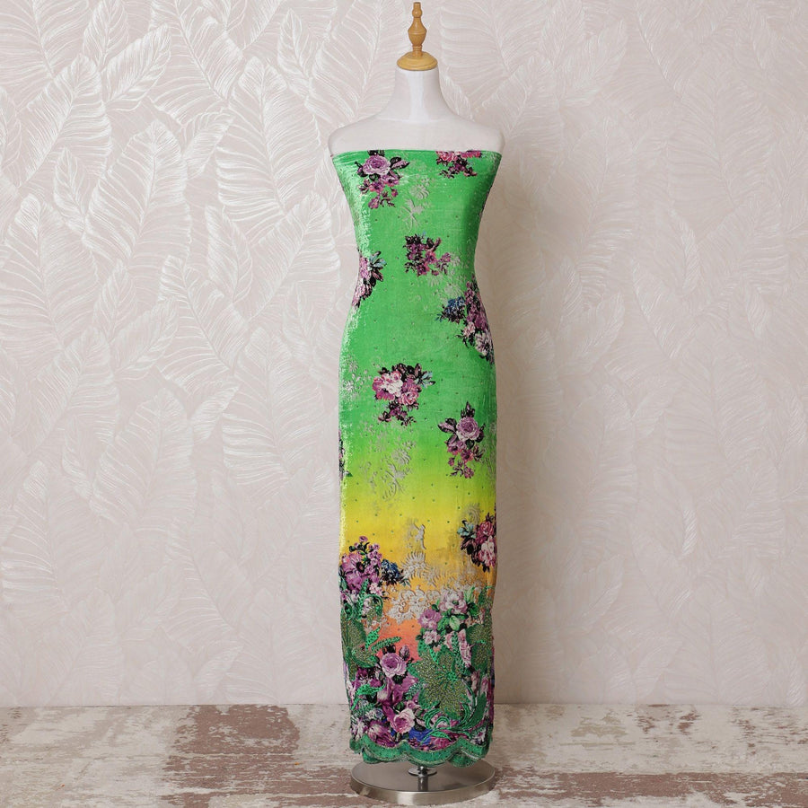 Lime green silk blended  velvet fabric with multicolor print and same tone embroidery having stone work in floral design-D15101