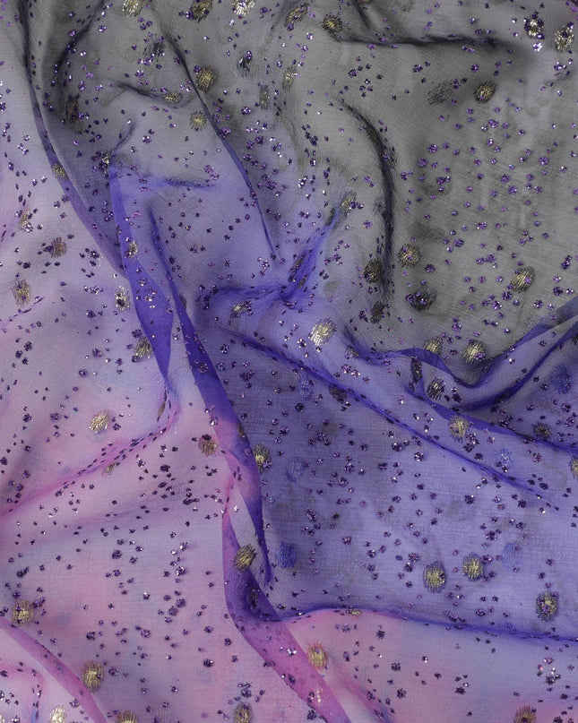 Heart purple, Royal blue silk chiffon fabric with purple glitter and gold metallic lurex in fancy design