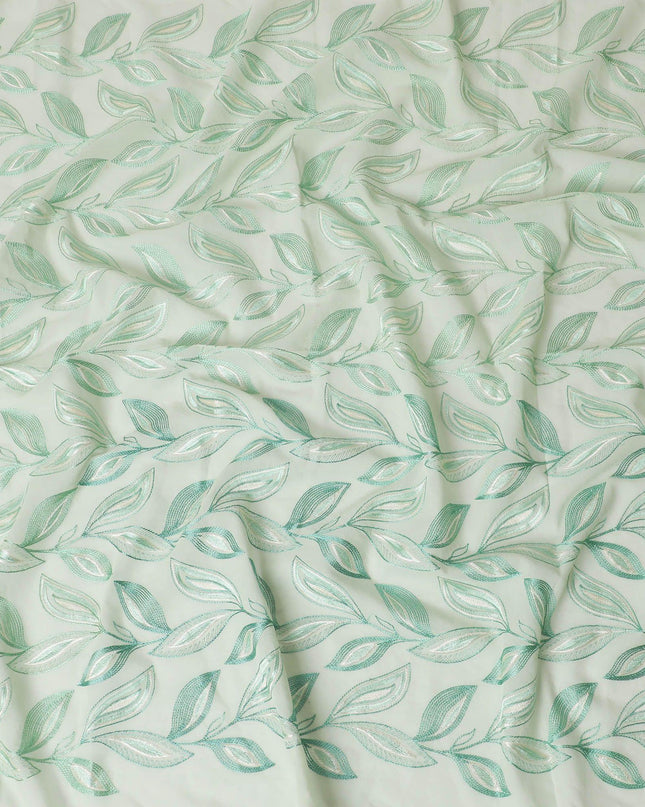 قماش فوال من القطن الخالص الفاخر باللون الأخضر النعناعي وتطريز باللونين الأخضر والبيج بتصميم أوراق الشجر-D15238