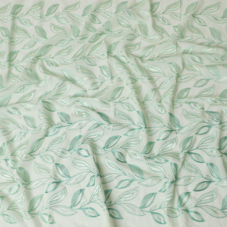 Mint green Premium pure cotton voile fabric sage green and beige embrodiery in Leaf design-D15238
