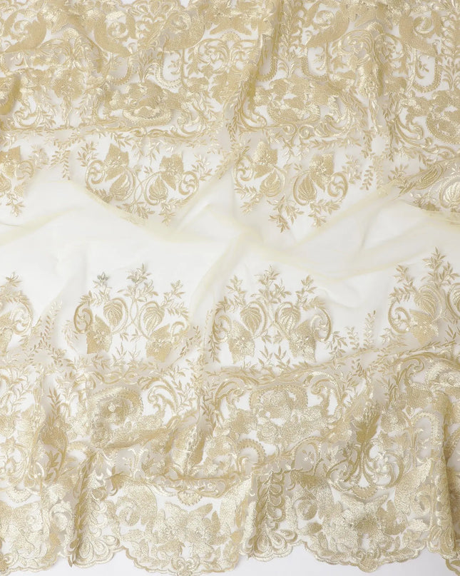 Gold nylon tulle fabric with same tone embroidery in floral design-D11689 Regal Fabrics