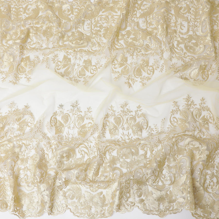 Gold nylon tulle fabric with same tone embroidery in floral design-D11689
