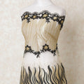 Gold nylon tulle fabric with same tone, black embroidery having stone work in fancy design-D12207