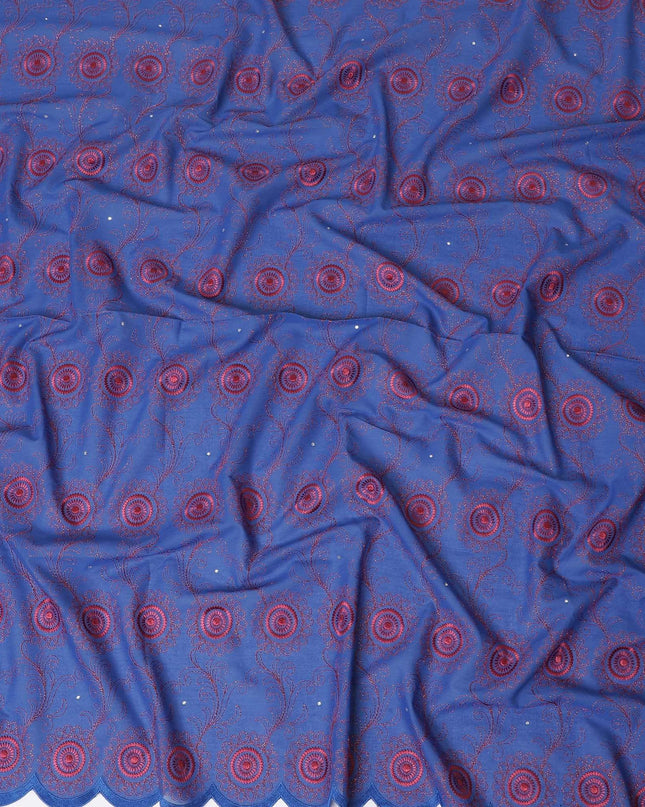 قماش فوال قطن سويسري 100% أزرق ملكي (ثوب سوداني) مع تطريز وردي كرزي مع عمل حجري بتصميم هندسي-D13530