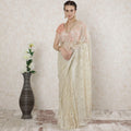 Light gold Premium pure French metallic lace saree in floral design-D14499