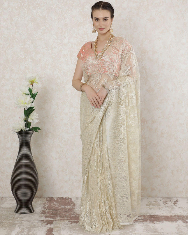 Light gold Premium pure French metallic lace saree in floral design-D14499