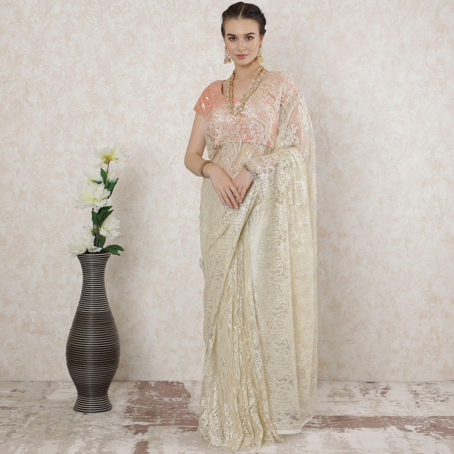 Light gold Premium pure French metallic lace saree in floral design-D14499