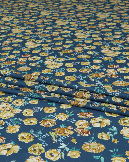Turkish blue Premium Spanish 100% Cotton with sea green, off white and mustrad yellow print in floral design-D9236 Regal Fabrics