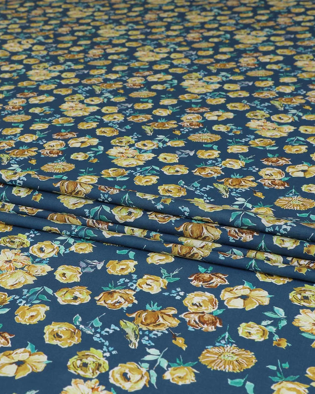 Turkish blue Premium Spanish 100% Cotton with sea green, off white and mustrad yellow print in floral design-D9236 Regal Fabrics