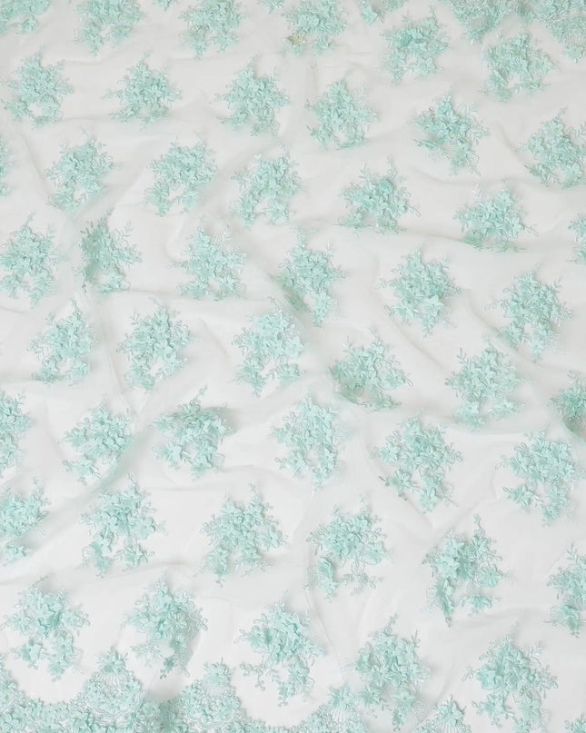 Powder blue nylon tulle fabric with same tone embroidery, pearls having turquoise green 3d flowers in floral design-D7743 Regal Fabrics