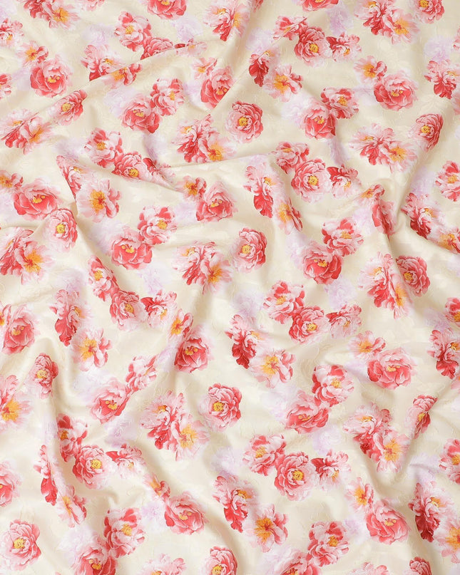 Light beige uragiri cotton voile fabric with same tone jacquard having scarlet red, light pink and mustard yellow print in floral design-D10576