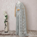Tea blue, silver Premium pure French metallic chantilly lace saree having stone work in floral design-D14589