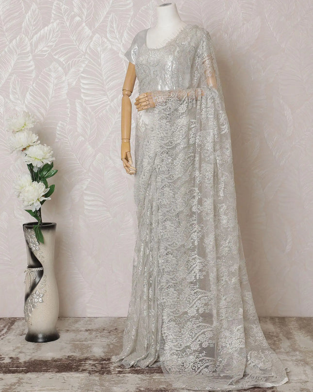 Pearl grey, multicolor Premium pure French metallic chantilly lace saree in floral design-D14551 Regal Fabrics
