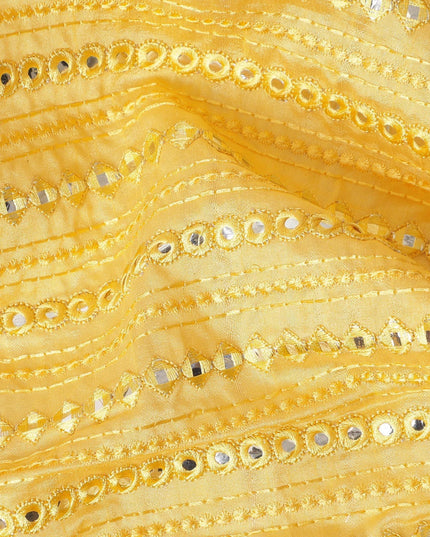 Mustard yellow premium silk brocade fabric with same tone embroidery having mirror work in fancy design-D12458 Regal Fabrics