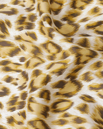 Off white cotton satin fabric with light mustard and brown print in animal skin design-D6996 Regal Fabrics