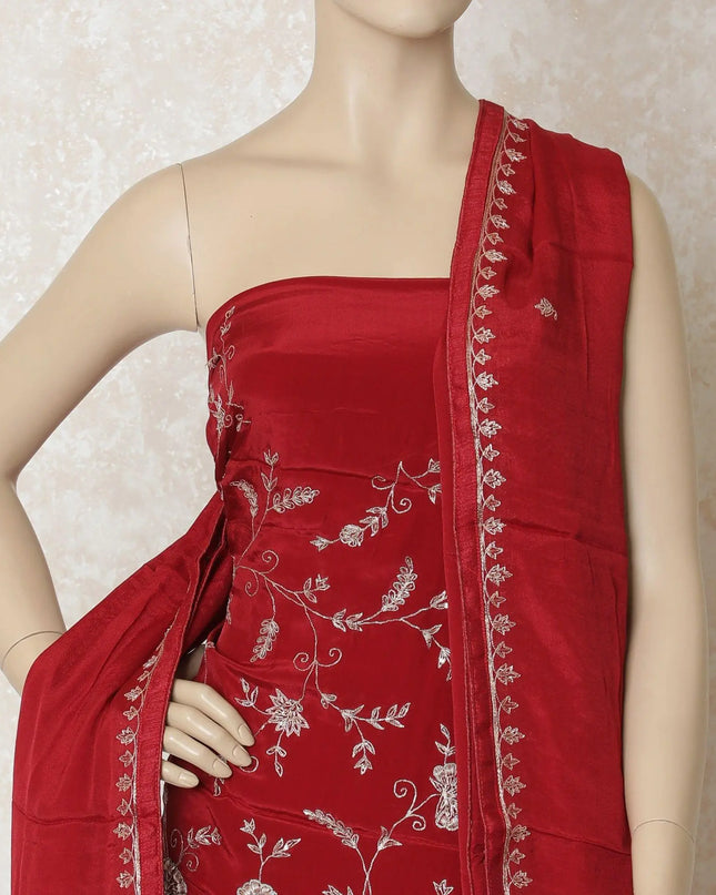 Crimson red silk crepe kameez with gold embroidery having sequin work in floral design. Crimson red plain salwar with silk dupatta having gold embroidery-D12676 Regal Fabrics