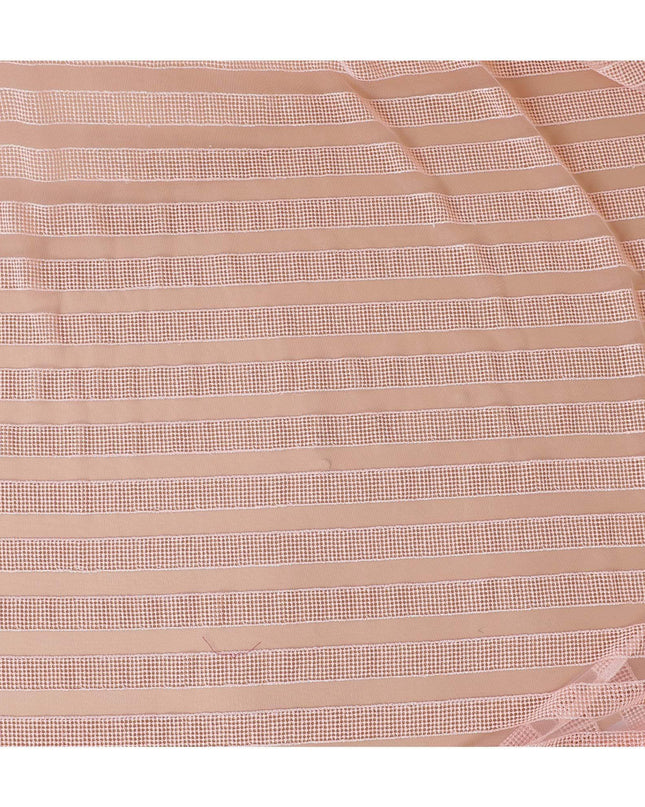 Light pink nylon tulle fabric with same tone embroidery in stripe design-D9188