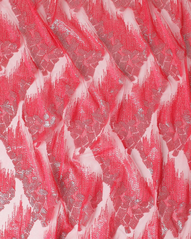 Crimson red nylon tulle fabric with same tone, silver embroidery in fancy design Regal Fabrics