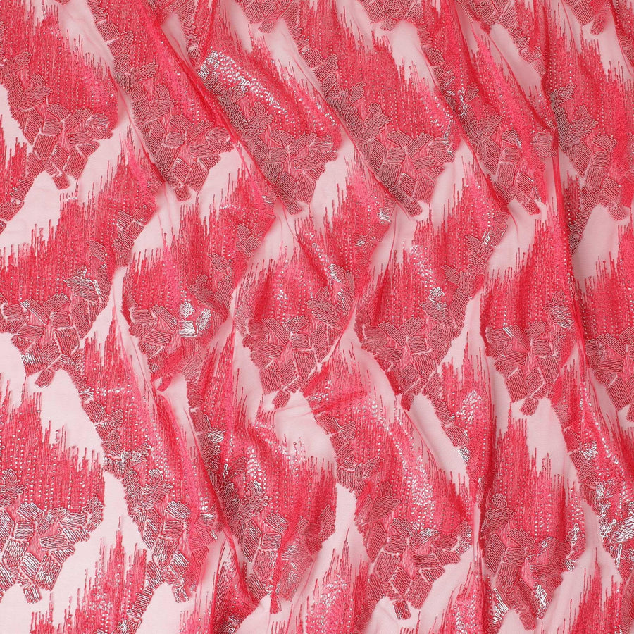 Crimson red nylon tulle fabric with same tone, silver embroidery in fancy design