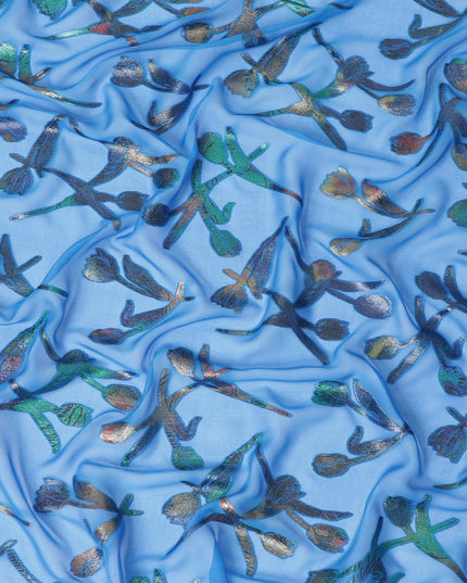 Royal blue premium pure silk chiffon fabric with multitone metallic lurex in floral design-D9664