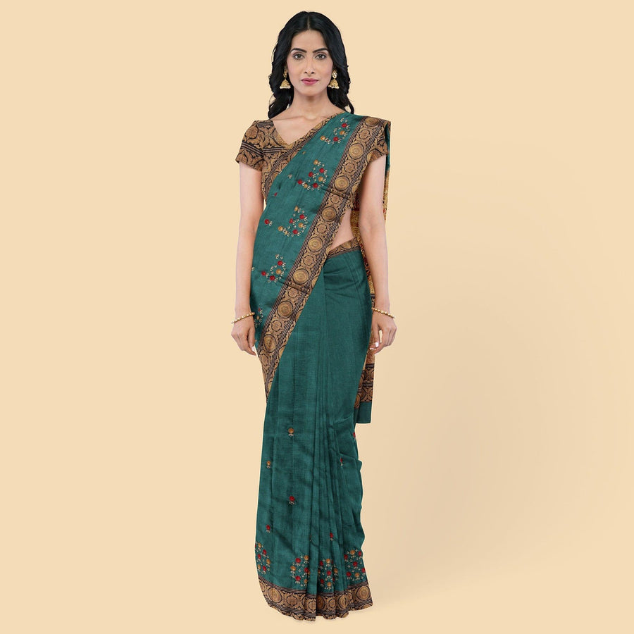 ساري حريري فني باللون الأخضر مع تطريز متعدد الألوان بتصميم زهور-D12773