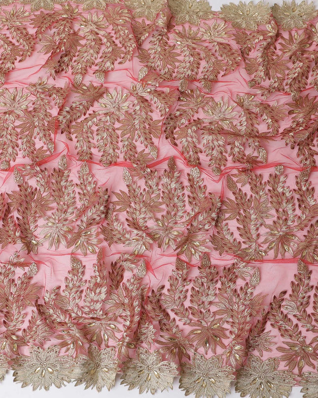 Crimson red nylon tulle fabric with gold embroidery having stone work in Leaf design-D11732 Regal Fabrics