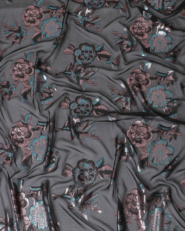 Black premium pure silk chiffon fabric with copper and blue metallic lurex in floral design-D13730
