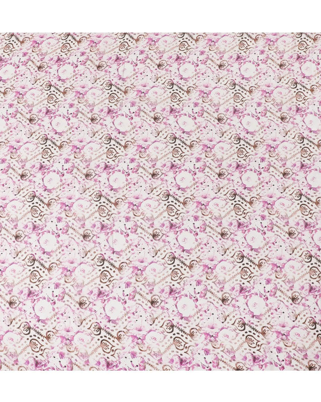 Off white synthetic crepe fabric with magenta purple, brown and black print in floral design-D11035 Regal Fabrics