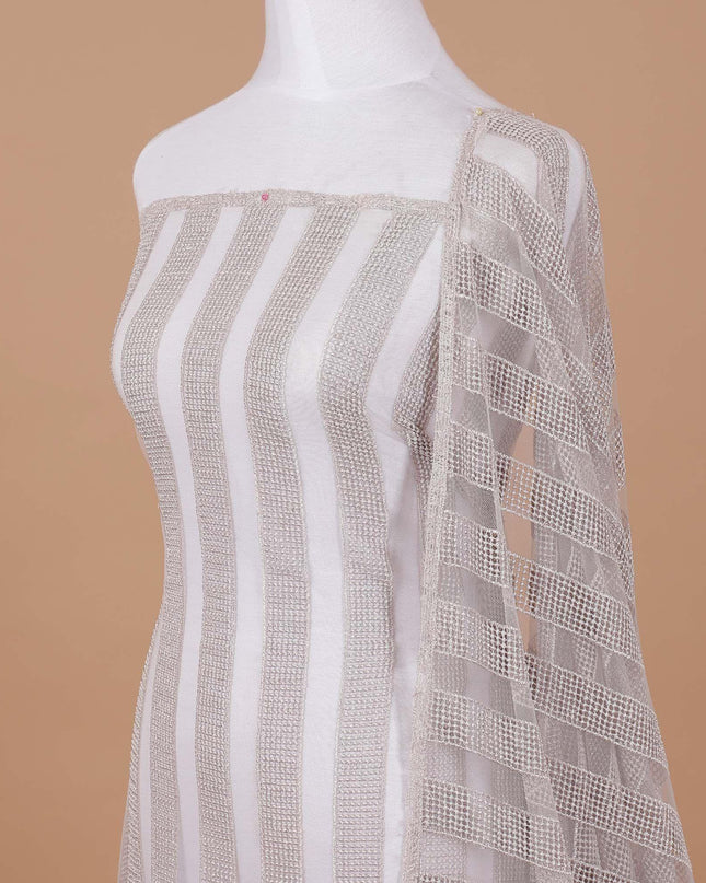 Beige nylon tulle fabric with same tone embroidery in stripe design-D9190