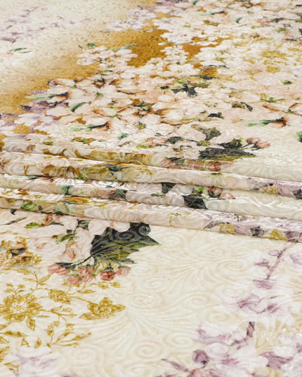 White Premium Italian silk chiffon dirac (makmal) fabric with multicolor print having velvet jacquard in floral design-D8697 Regal Fabrics