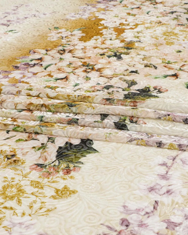 White Premium Italian silk chiffon dirac (makmal) fabric with multicolor print having velvet jacquard in floral design-D8697 Regal Fabrics