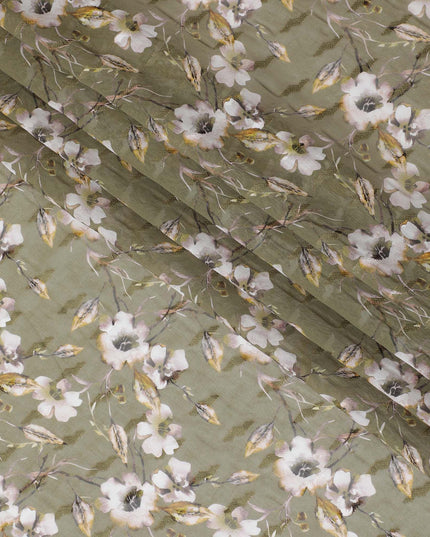 Olive green cotton voile fabric with brown, off white and mustard yellow print in floral design-D10745 Regal Fabrics