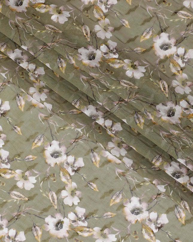 Olive green cotton voile fabric with brown, off white and mustard yellow print in floral design-D10745 Regal Fabrics