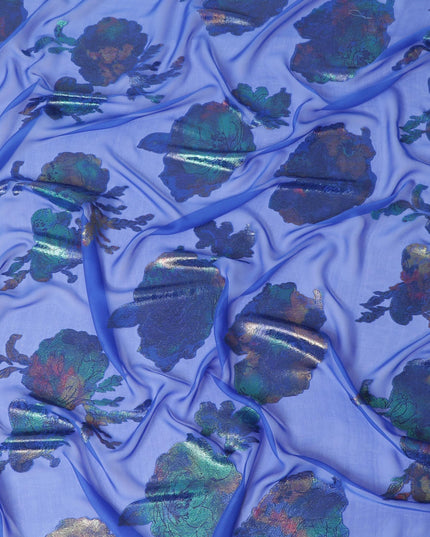 قماش شيفون حريري نقي فاخر باللون الأزرق الملكي مع لوركس معدني متعدد الألوان بتصميم زهور -D9698