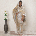 Pale brown Premium Pure French (Fransawi) silk chiffon thobe with same tone viscose and silver metallic lurex in floral design-D14371