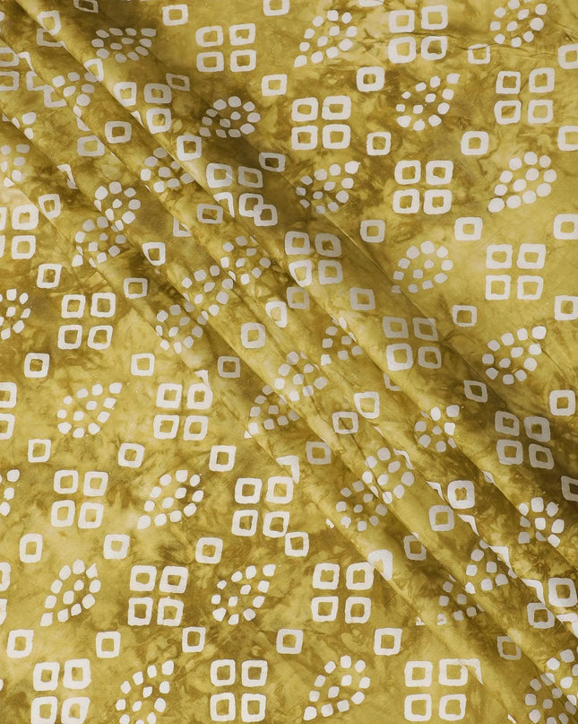 Olive green cotton lawn fabric with white print in geometric design-D14254 Regal Fabrics