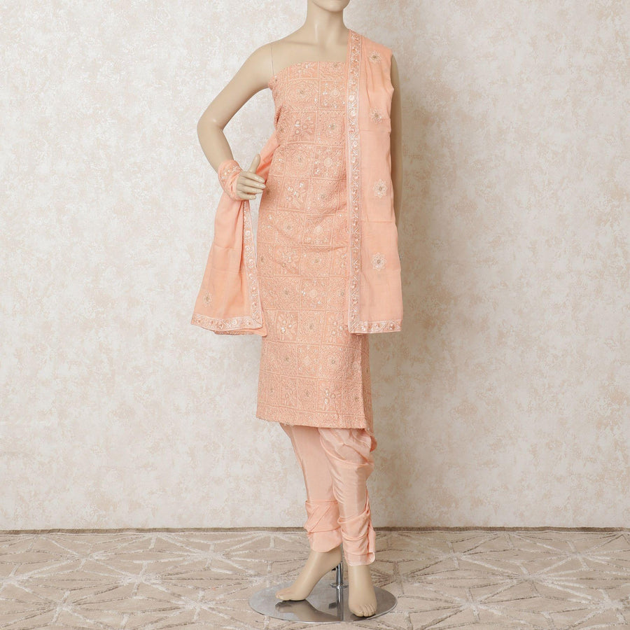 قميص من القطن الصناعي الخوخي بنفس اللون، وتطريز ذهبي به ترتر بتصميم شيكانكاري. السلوار الخوخي السادة ذو الوشاح القطني بنفس اللون -D9977