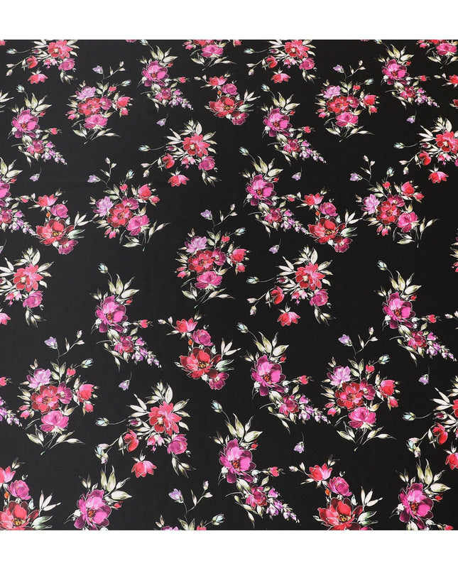 Black premium pure silk satin fabric with multicolor print in floral design-D14290