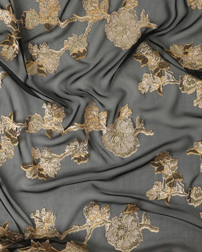 Black French silk chiffon fabric with beige, gold viscose and golden metallic lurex in floral design