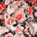 White Premium Italian silk chiffon dirac with black, orange and crimson red print having same tone velvet jacquard in floral design-D8688 Regal Fabrics