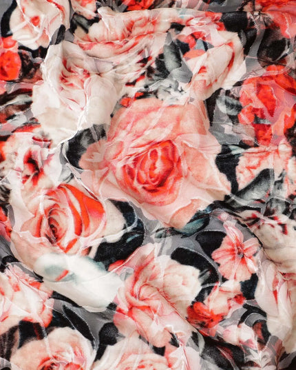 White Premium Italian silk chiffon dirac with black, orange and crimson red print having same tone velvet jacquard in floral design-D8688 Regal Fabrics