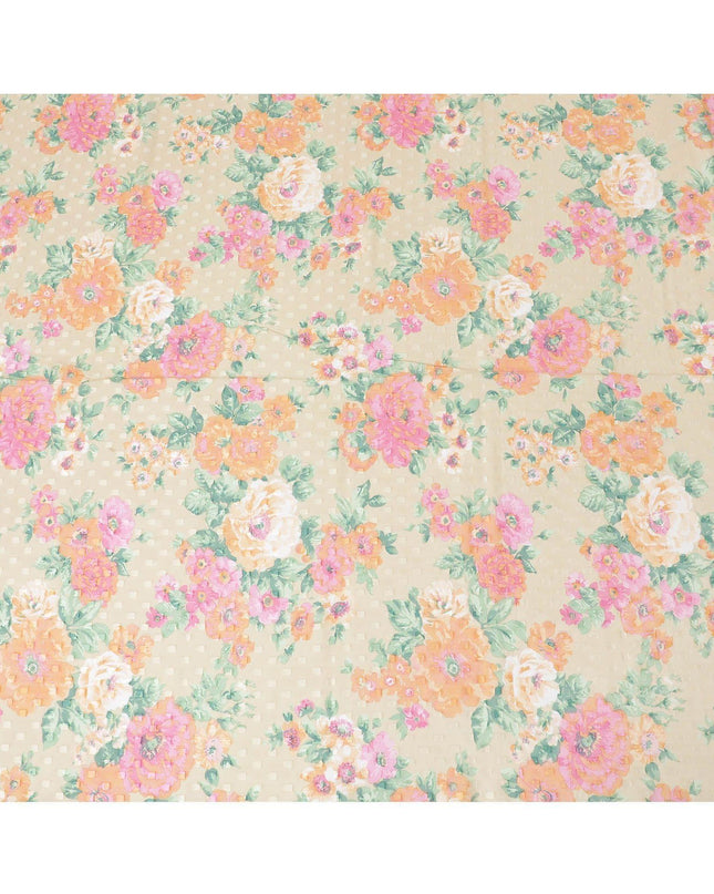 قماش فوال من القطن السويسري باللون البيج الفاتح مع طباعة زهور باللون الأخضر الداكن والوردي الفاتح والبرتقالي مع تصميم حبل بمشبك -D6775