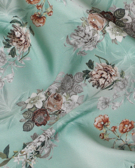 Turquoise green synthetic crepe fabric with multicolor print having stone work in floral design-D15313 - Regal Fabrics