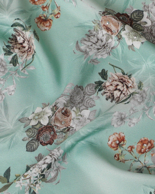 Turquoise green synthetic crepe fabric with multicolor print having stone work in floral design-D15313 Regal Fabrics
