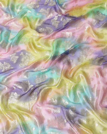 قماش شيفون حريري فرنسي (فرنساوي) فاخر متعدد الألوان مع لوركس معدني ذهبي بتصميم زهور-D14007